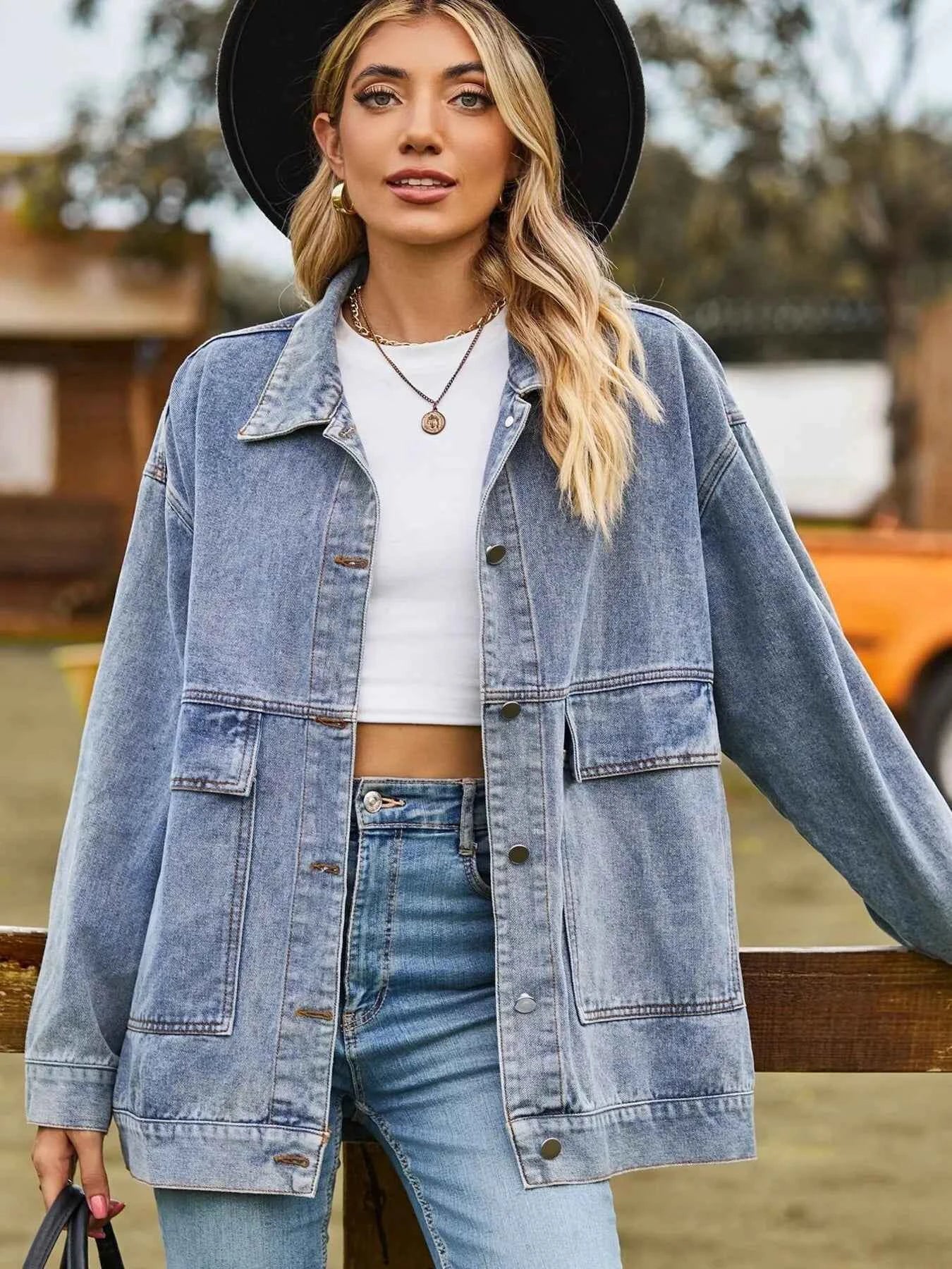 Oversized Button Up Denim Jacket with Hood.