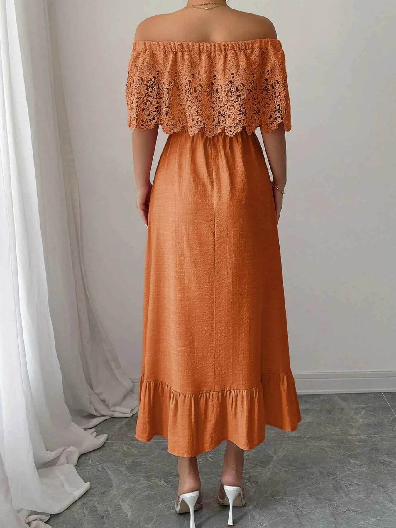 Off-Shoulder Lace Ruffle Midi Dress.