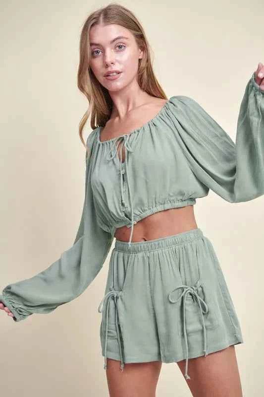 MABLE Gauze Long Sleeve Button Crop Top and Shorts Set - EBYNN