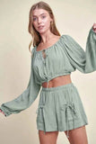 MABLE Gauze Long Sleeve Button Crop Top and Shorts Set - EBYNN