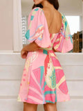 Printed Square Neck Puff Sleeve Dress.