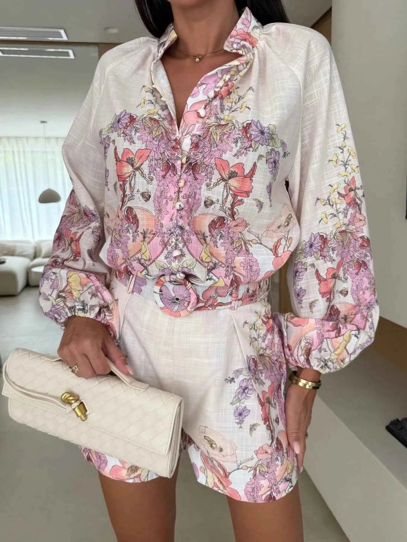 Printed Long Sleeve Shirt and Shorts Set.