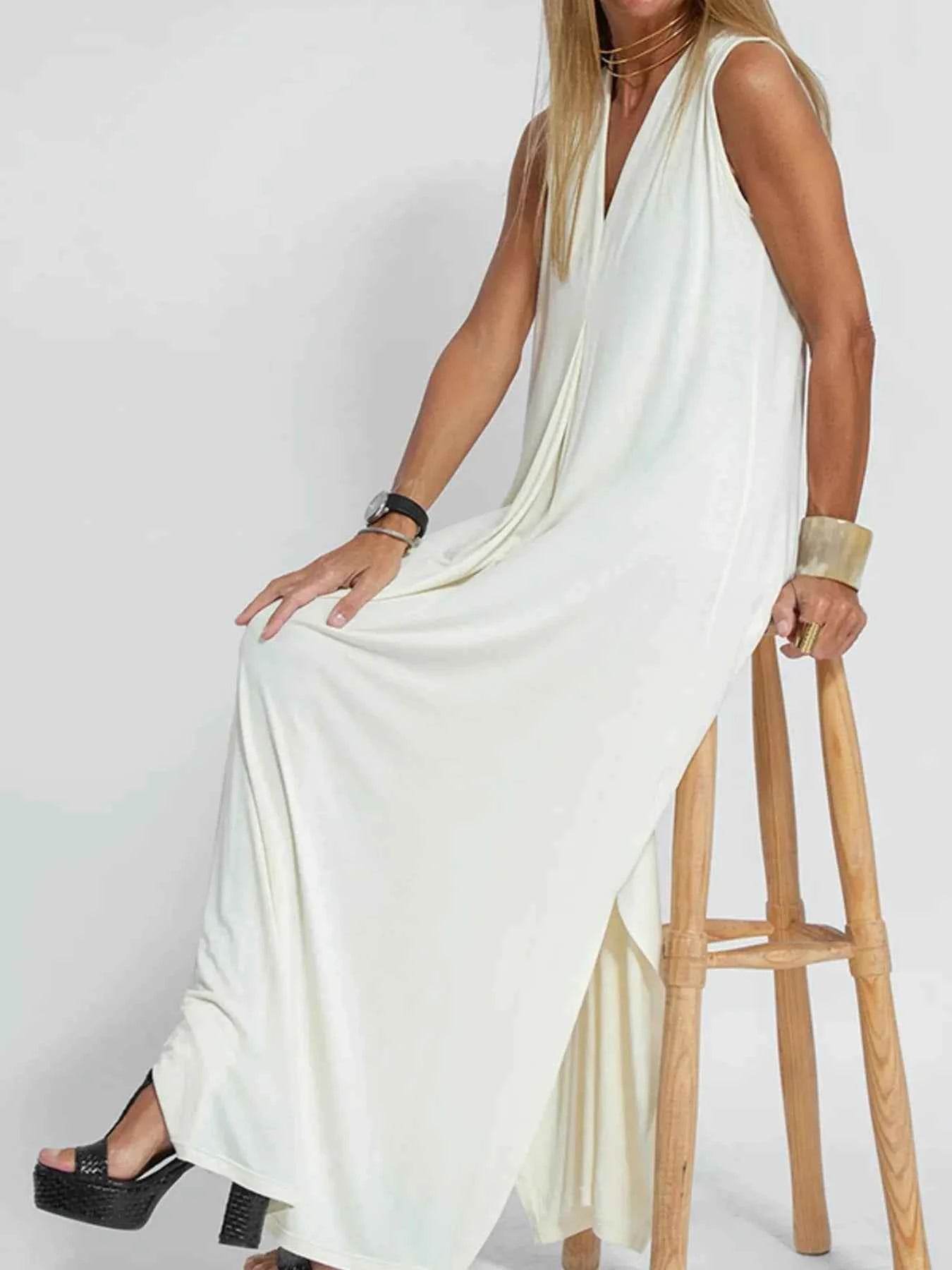 Plus Size V-Neck Sleeveless Maxi Dress with Slit.