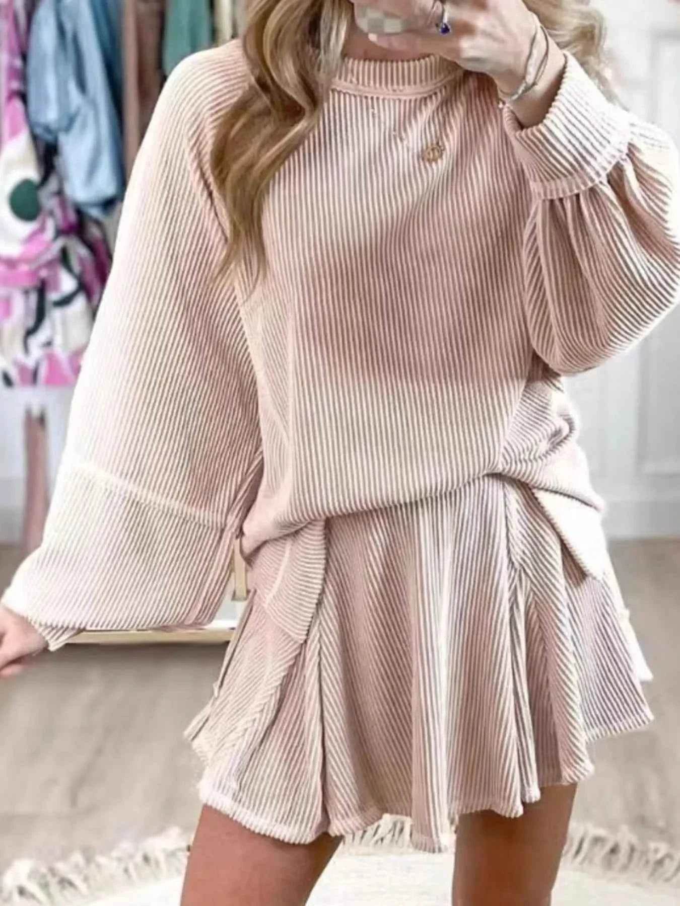 Ribbed Knit Balloon Sleeve Top and Skirt Set - EBYNN