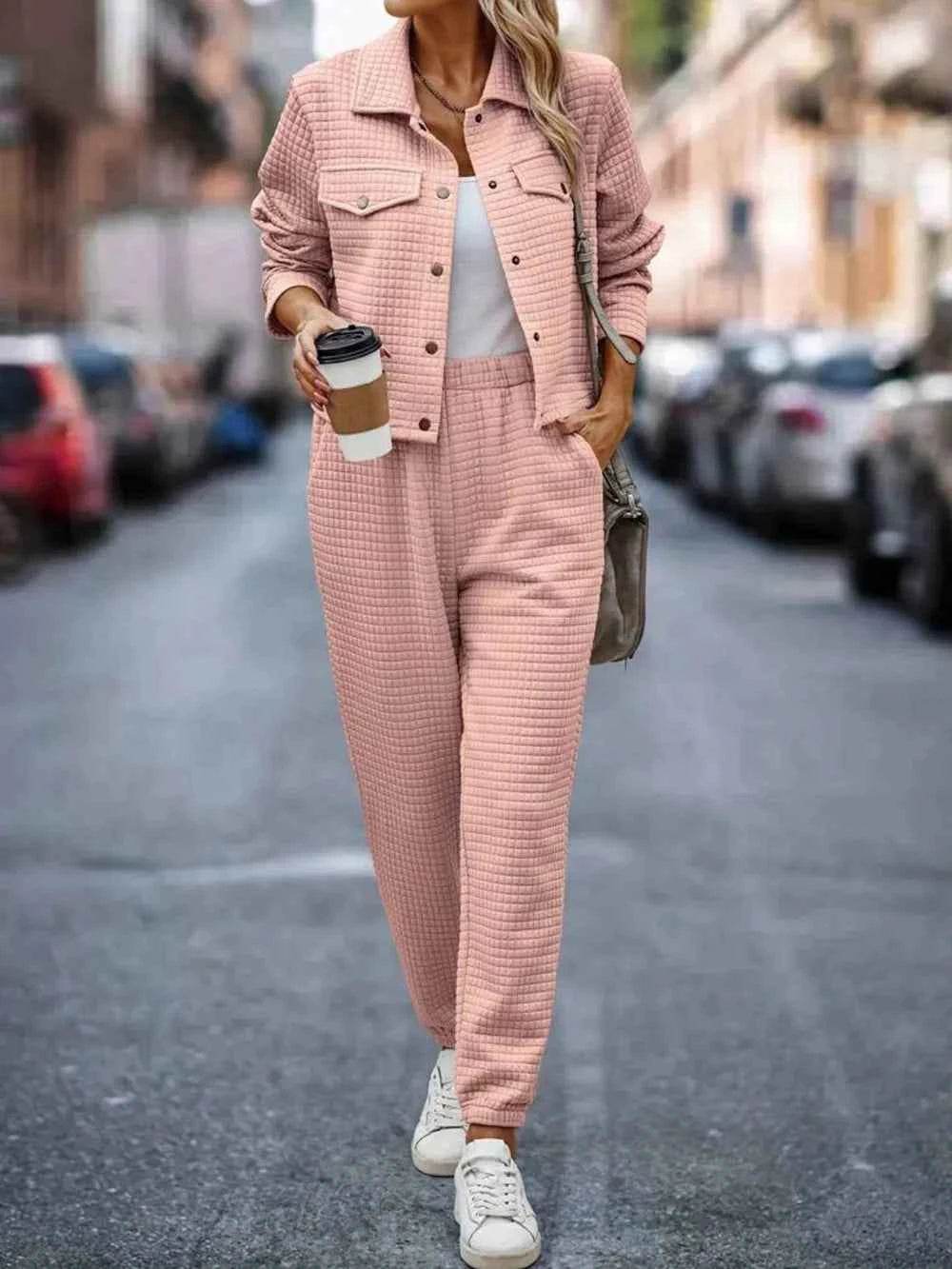 Plaid Texture Snap Down Top and Pants Set.