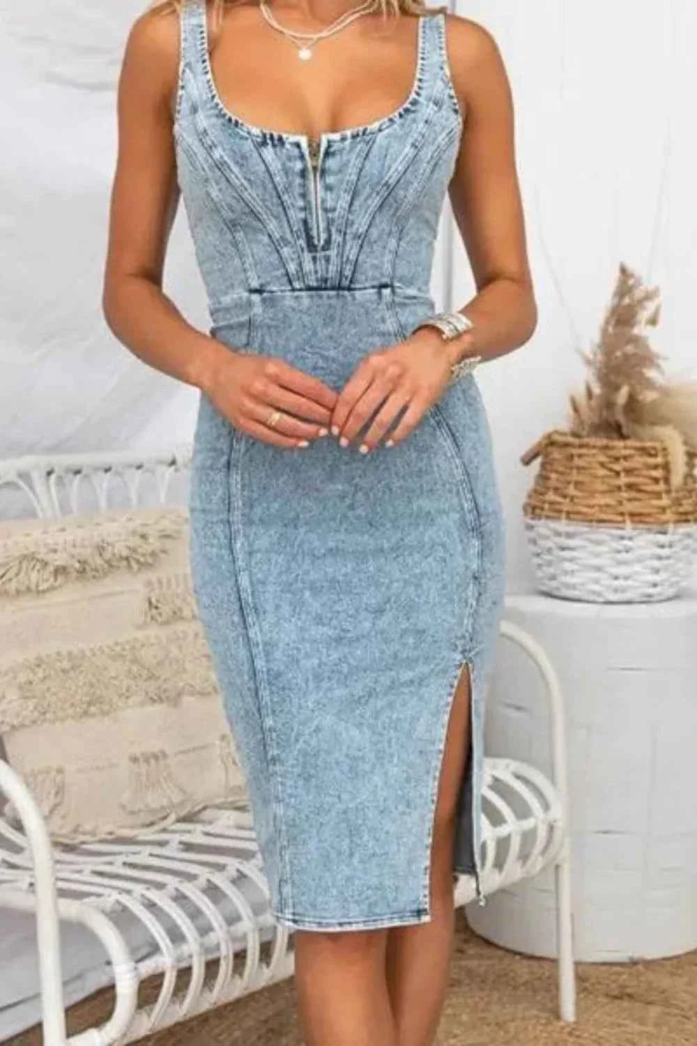Side Slit Washed Denim Dress with Scoop Neck.