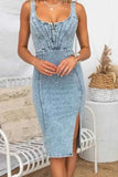 Side Slit Washed Denim Dress with Scoop Neck.