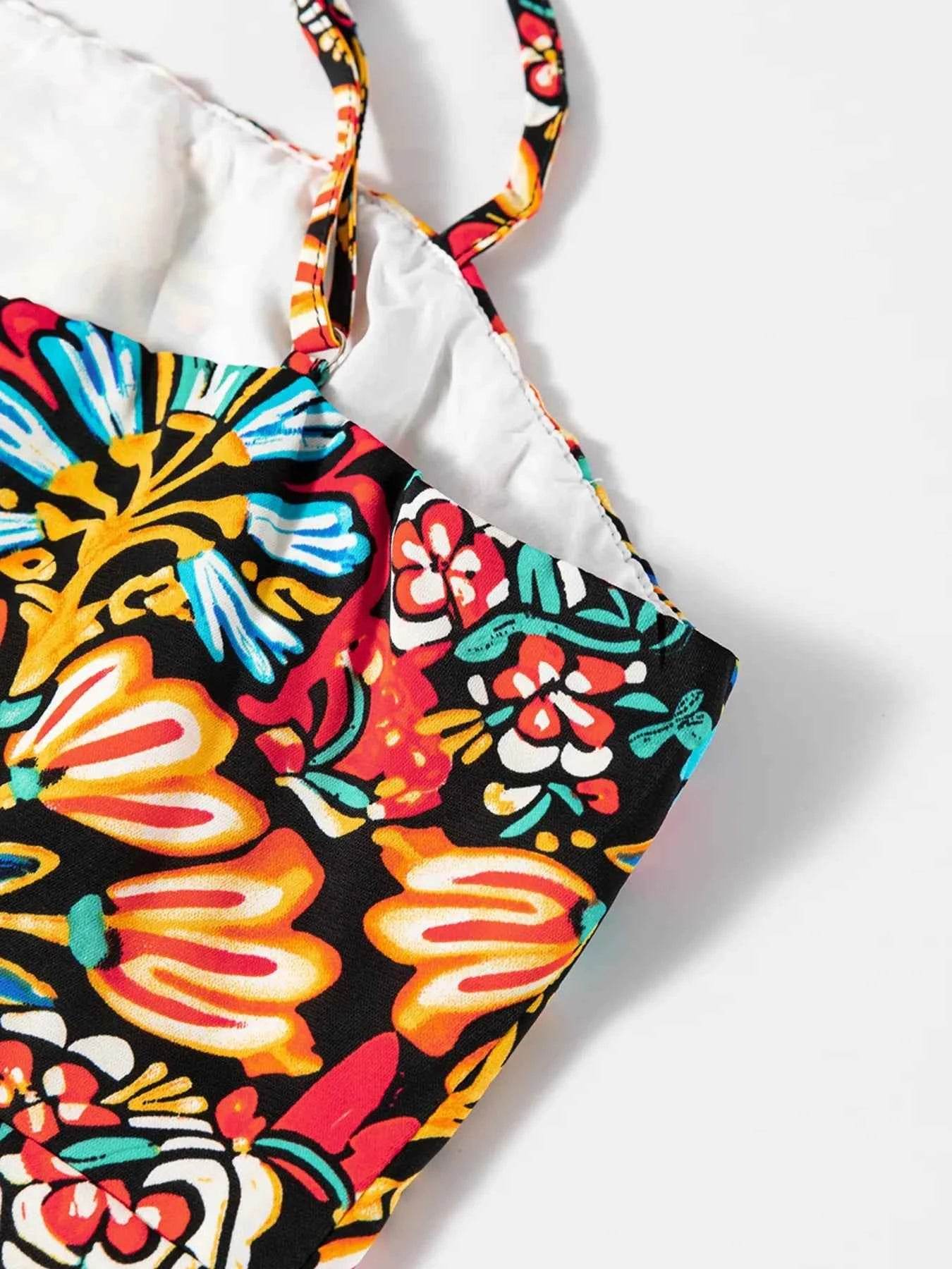 Floral Print High Waist Maxi Dress with Thin Straps.