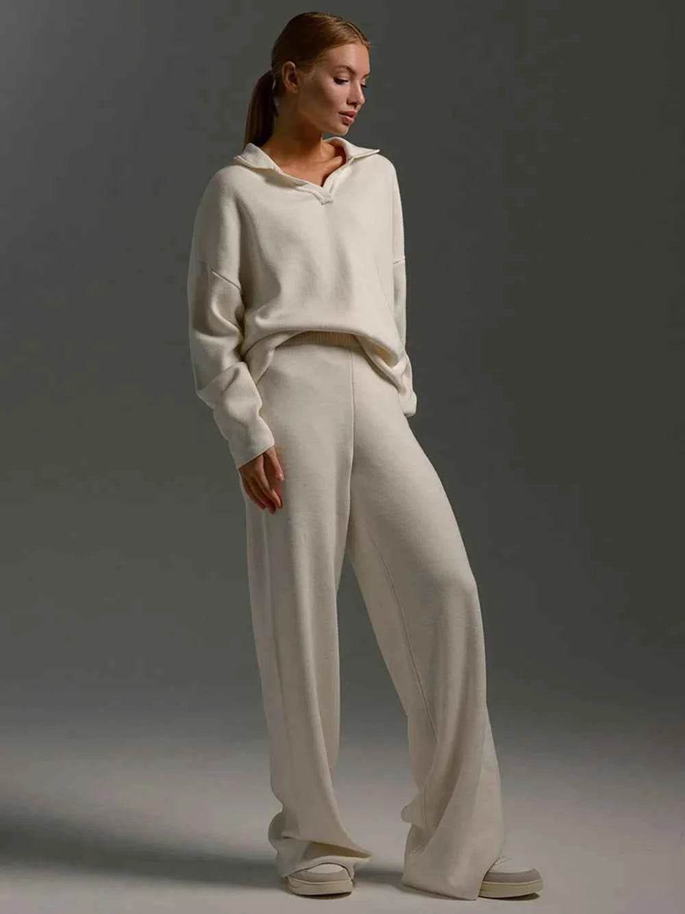 Johnny Collar Long Sleeve Top and Pants Sweater Set - EBYNN
