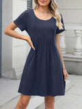Pleated Front Round Neck Swing Dress - EBYNN