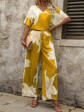 Printed V-Neck Top and Wide Leg Pants Set - EBYNN