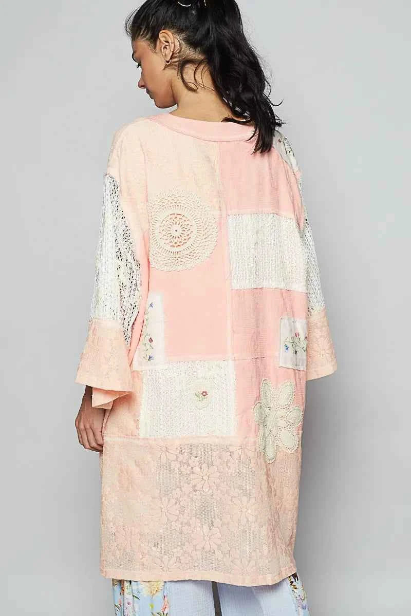 Double Gauze and Lace Mix Cardigan with Embroidered Detail.