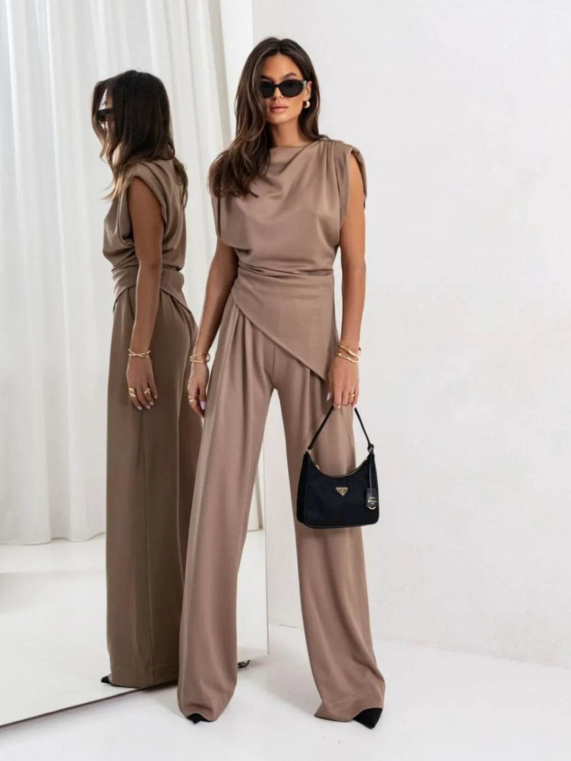 Slit Ruched Top and Wide Leg Pants Set - EBYNN