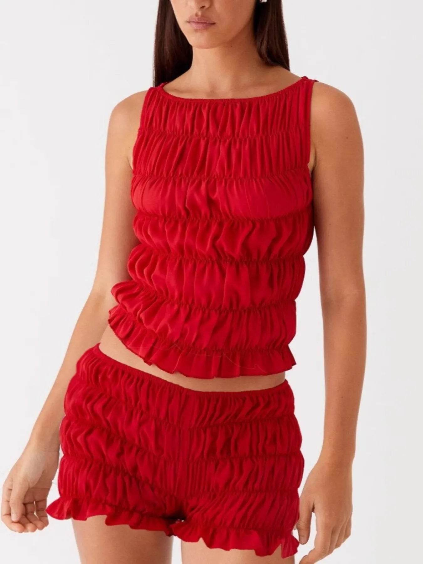 Ruched Texture Tank and Shorts Two-Piece Set - EBYNN