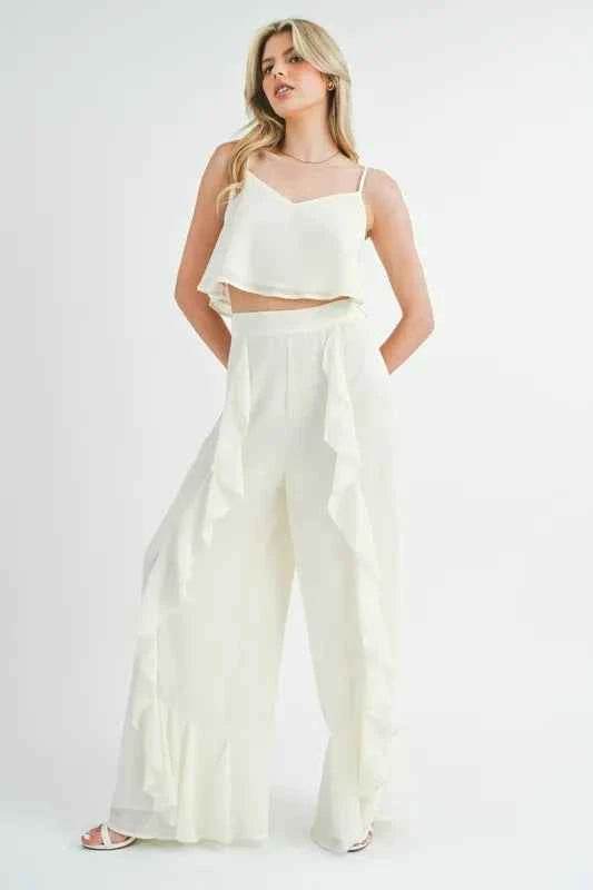 MABLE Crop Cami & Ruffled Wide Leg Pants Set - EBYNN