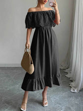 Off-Shoulder Lace Ruffle Midi Dress.