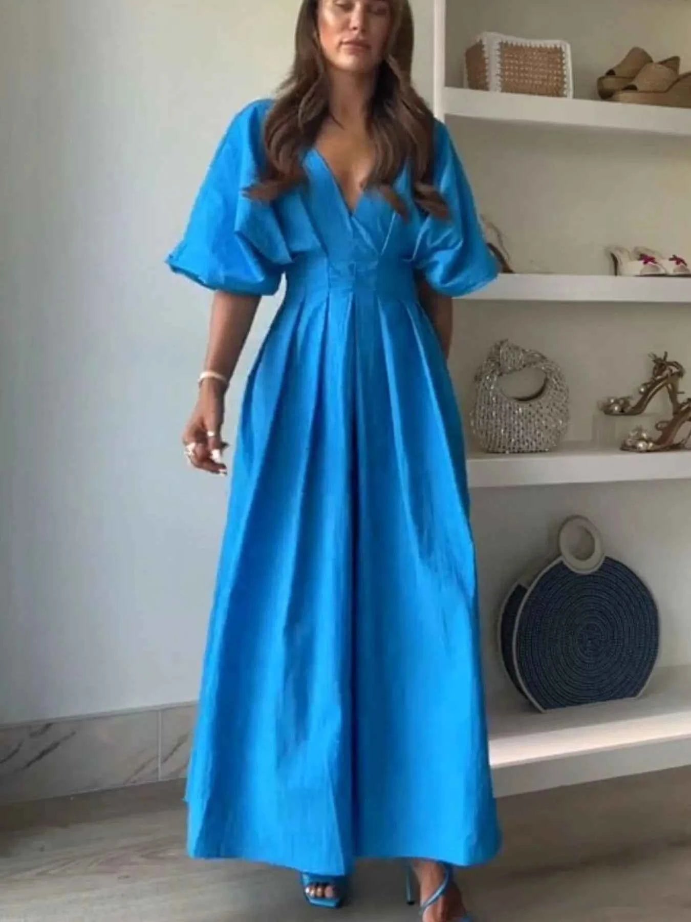 V-Neck Half Sleeve Midi Dress.