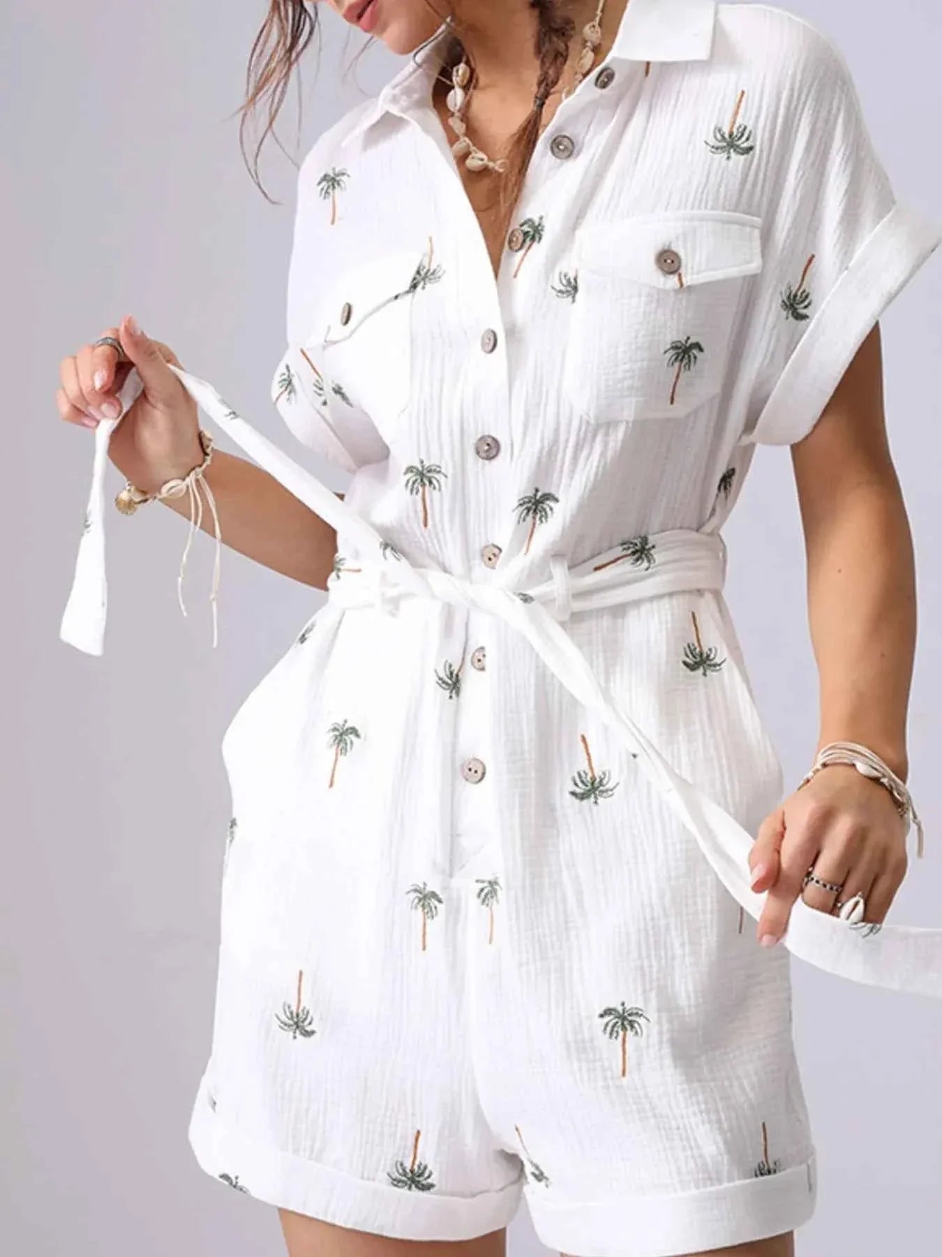 Palm Tree Print Short Sleeve Button-Up Romper with Belt.