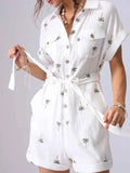 Palm Tree Print Short Sleeve Button-Up Romper with Belt.