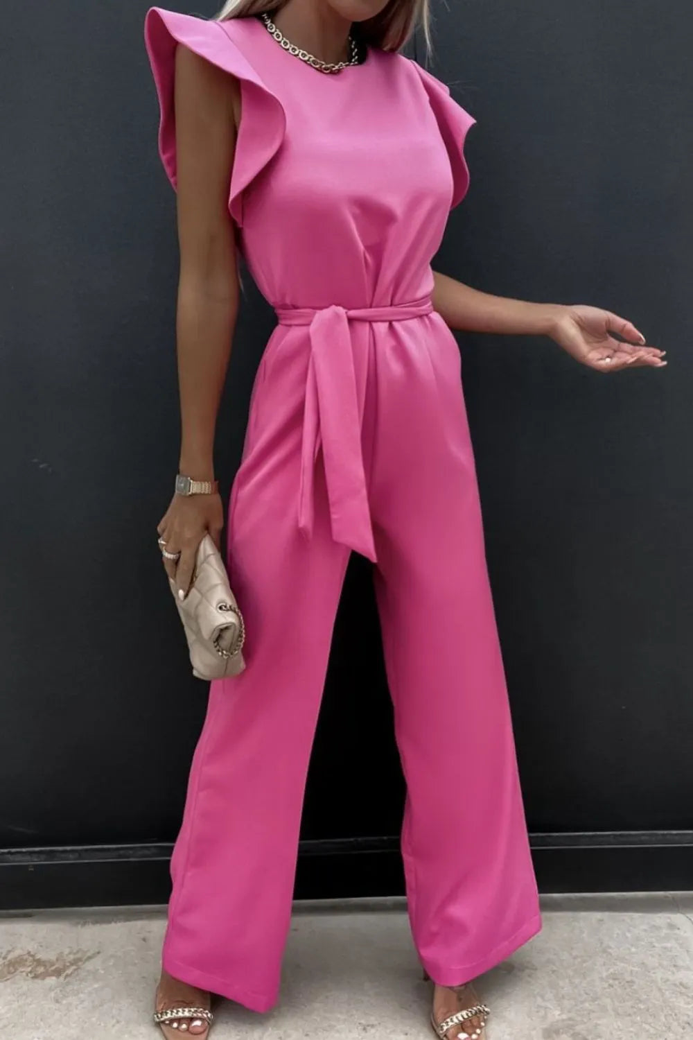 Round Neck Cap Sleeve Jumpsuit.