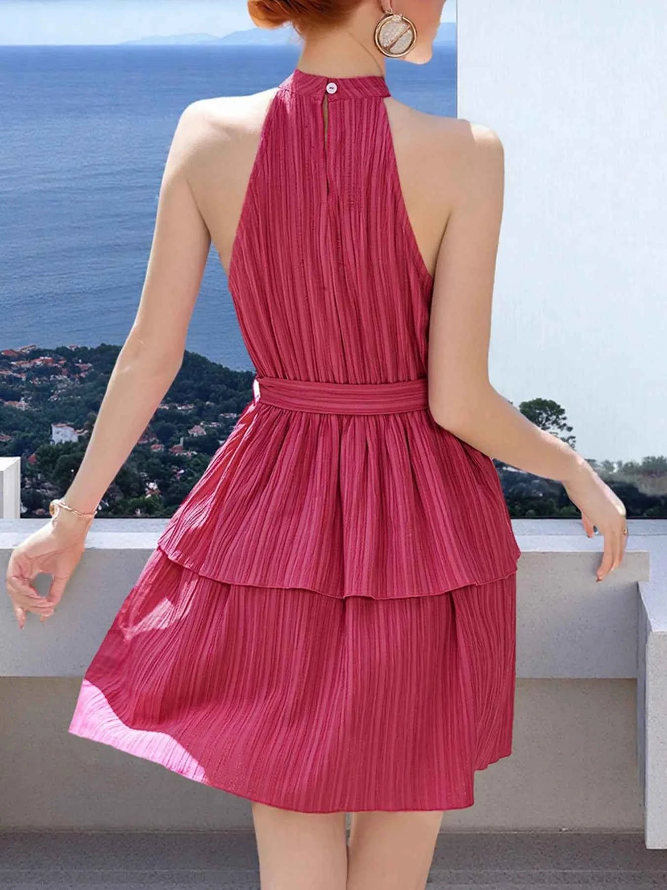 Pleated Halter Neck Layered Mini Dress.