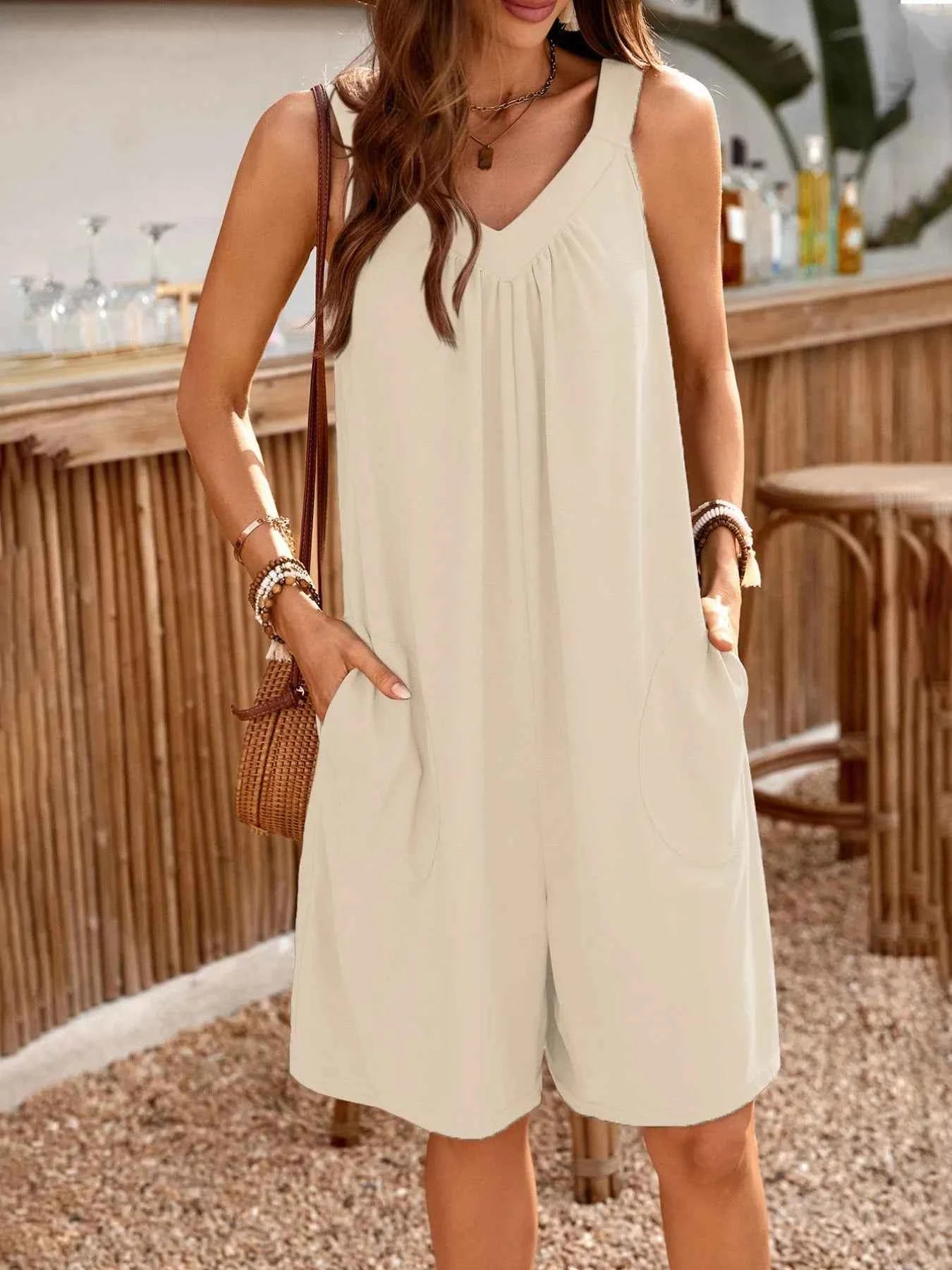 Casual V-Neck Sleeveless Romper with Pockets.