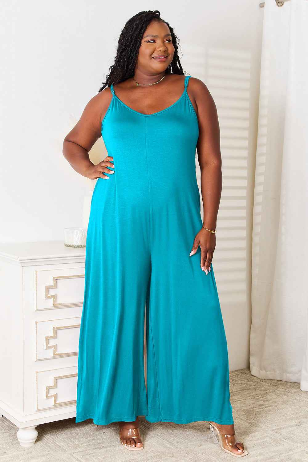 Double Take Full Size Soft Rayon Spaghetti Strap Jumpsuit.