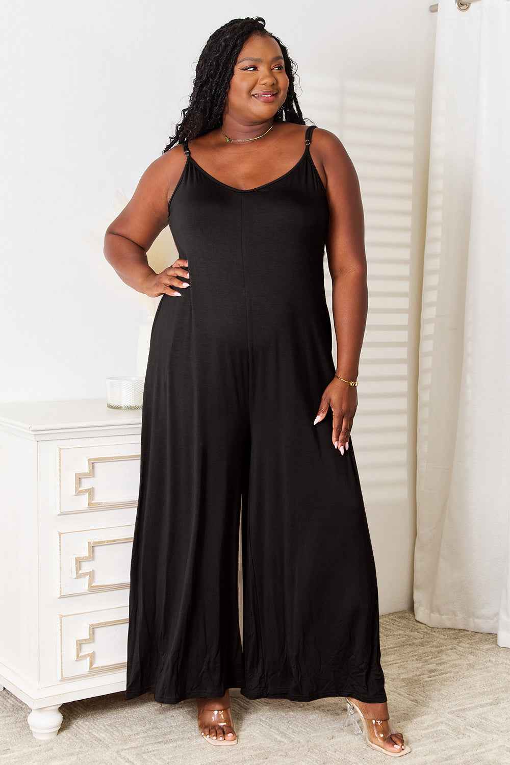 Double Take Full Size Soft Rayon Spaghetti Strap Jumpsuit.