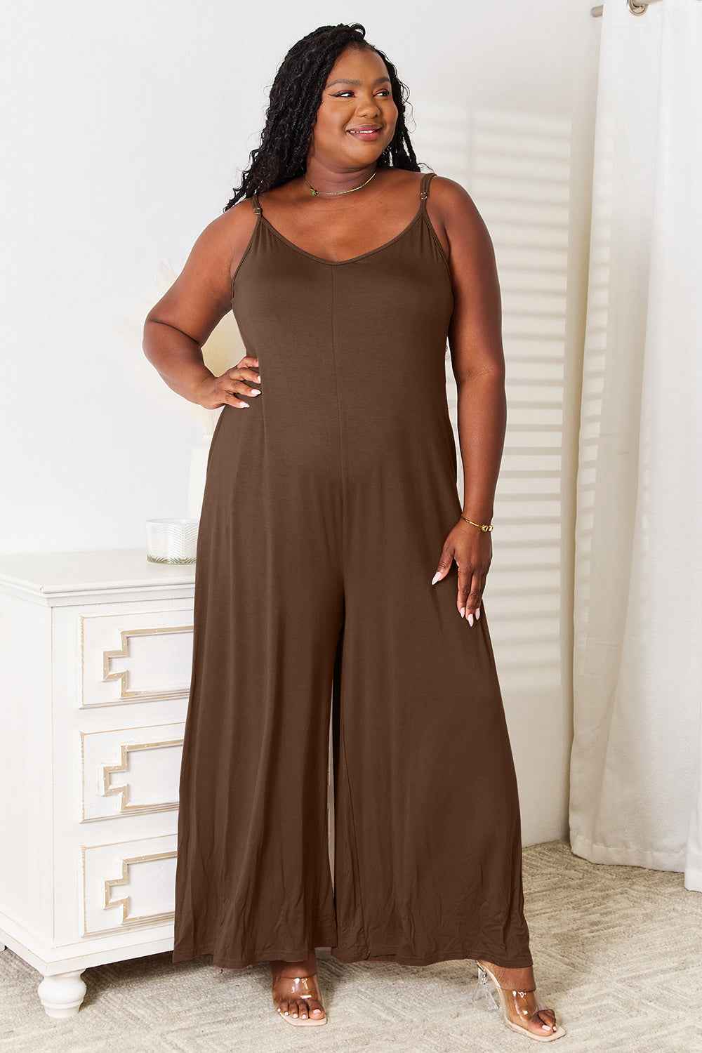 Double Take Full Size Soft Rayon Spaghetti Strap Jumpsuit.