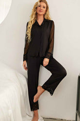 Spliced Lace Lapel Collar Pajama Set.
