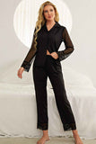 Spliced Lace Lapel Collar Pajama Set.