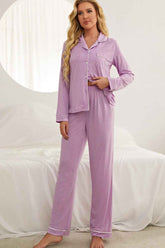 Contrast Piping Button Down Top and Pants Loungewear Set.
