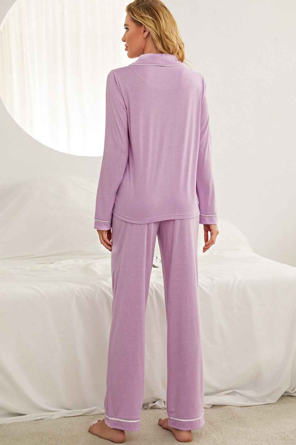 Contrast Piping Button Down Top and Pants Loungewear Set.