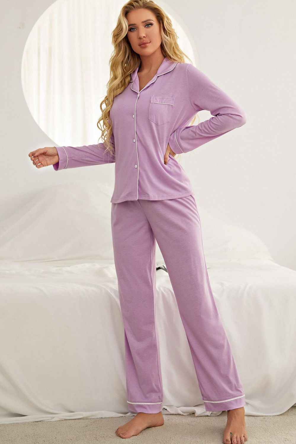 Contrast Piping Button Down Top and Pants Loungewear Set.