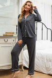 Contrast Piping Button Down Top and Pants Loungewear Set.