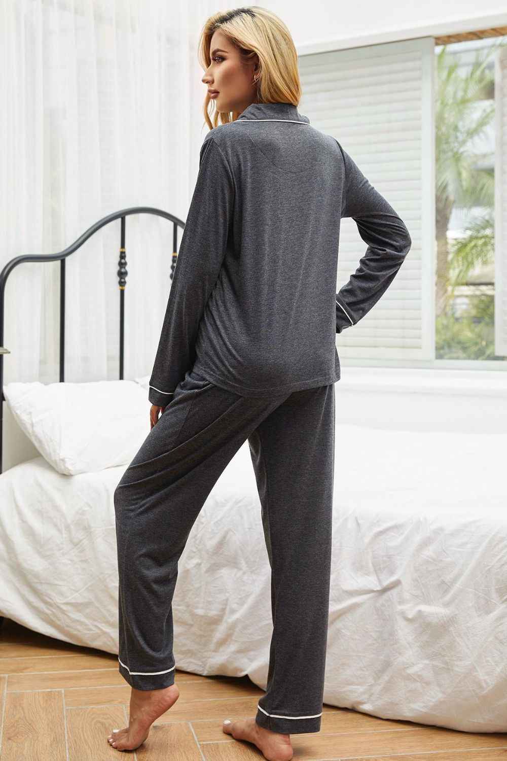 Contrast Piping Button Down Top and Pants Loungewear Set.