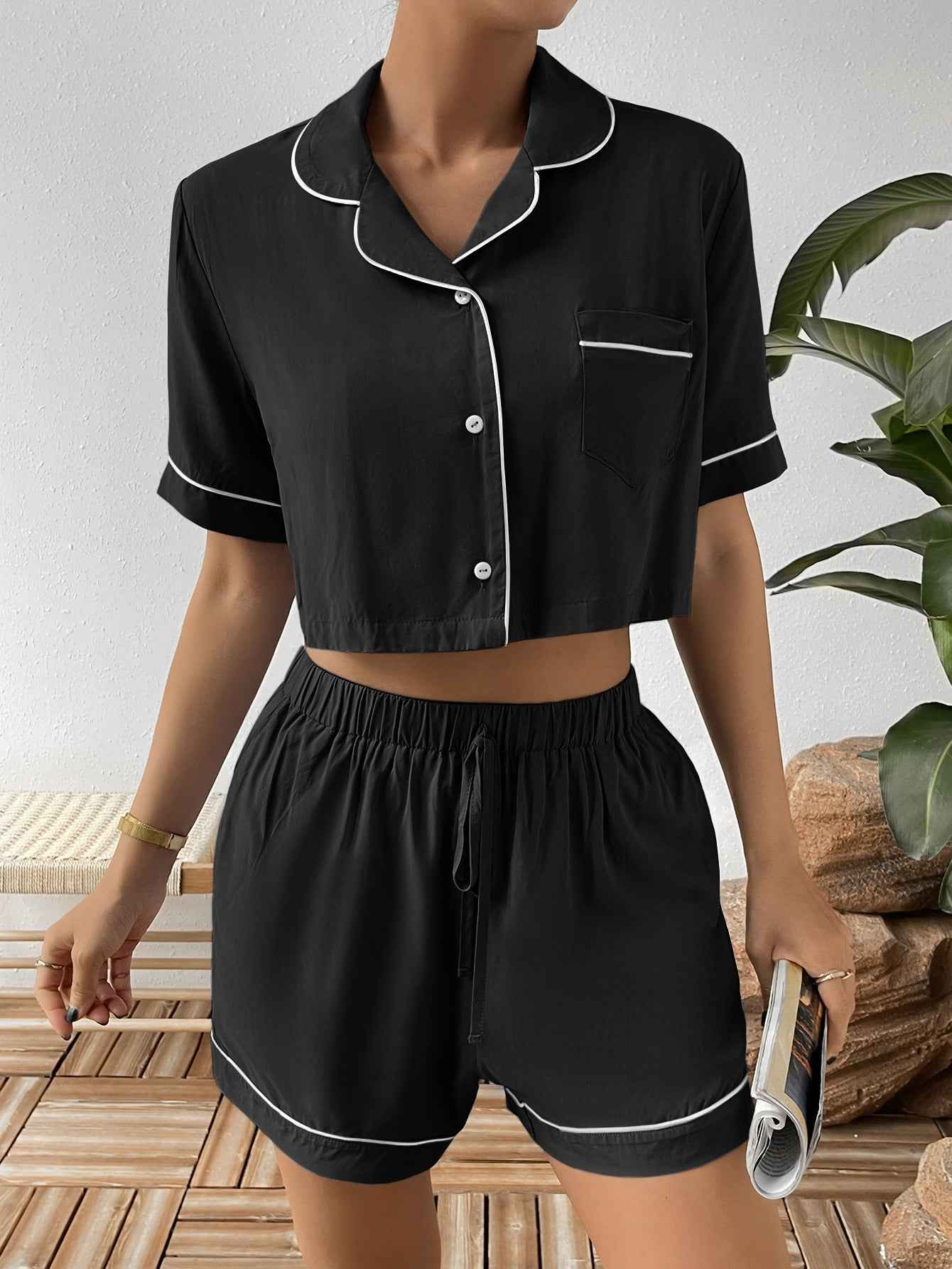 Ivy Lane Cropped Shirt and Shorts Lounge Set.