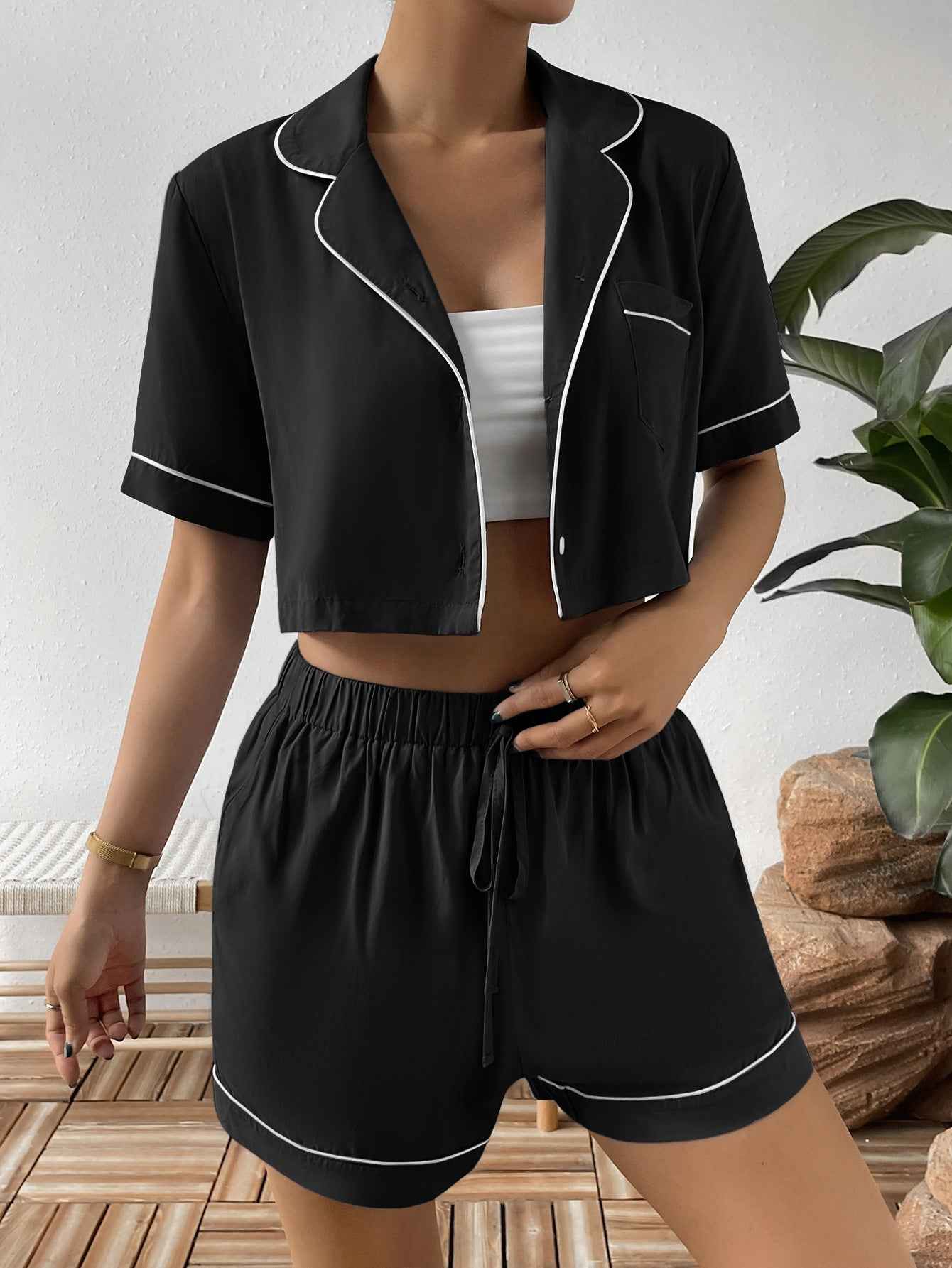 Ivy Lane Cropped Shirt and Shorts Lounge Set.