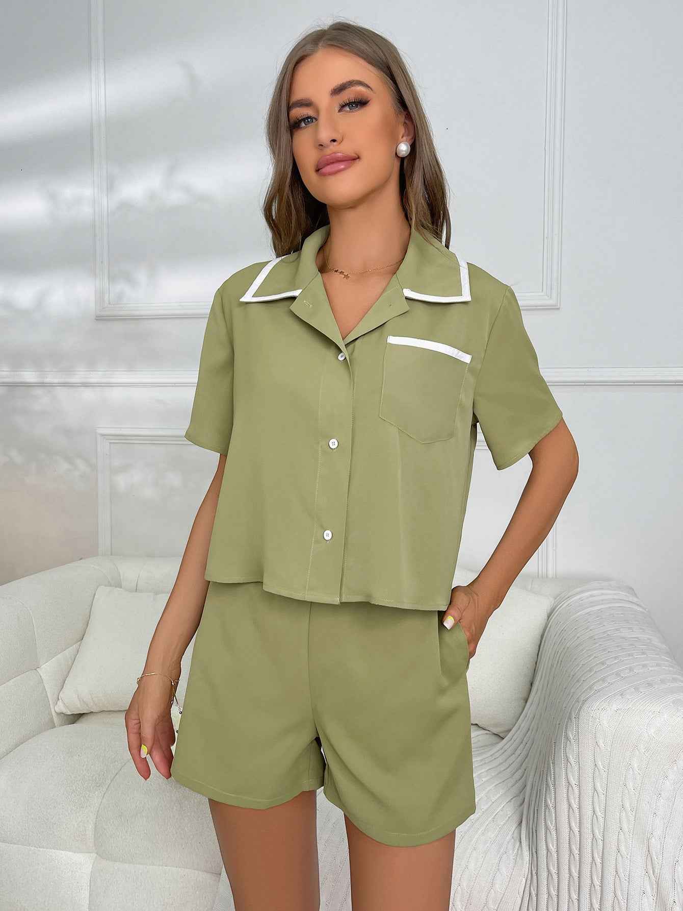 Ivy Lane Short Sleeve Shirt and Shorts Lounge Set.