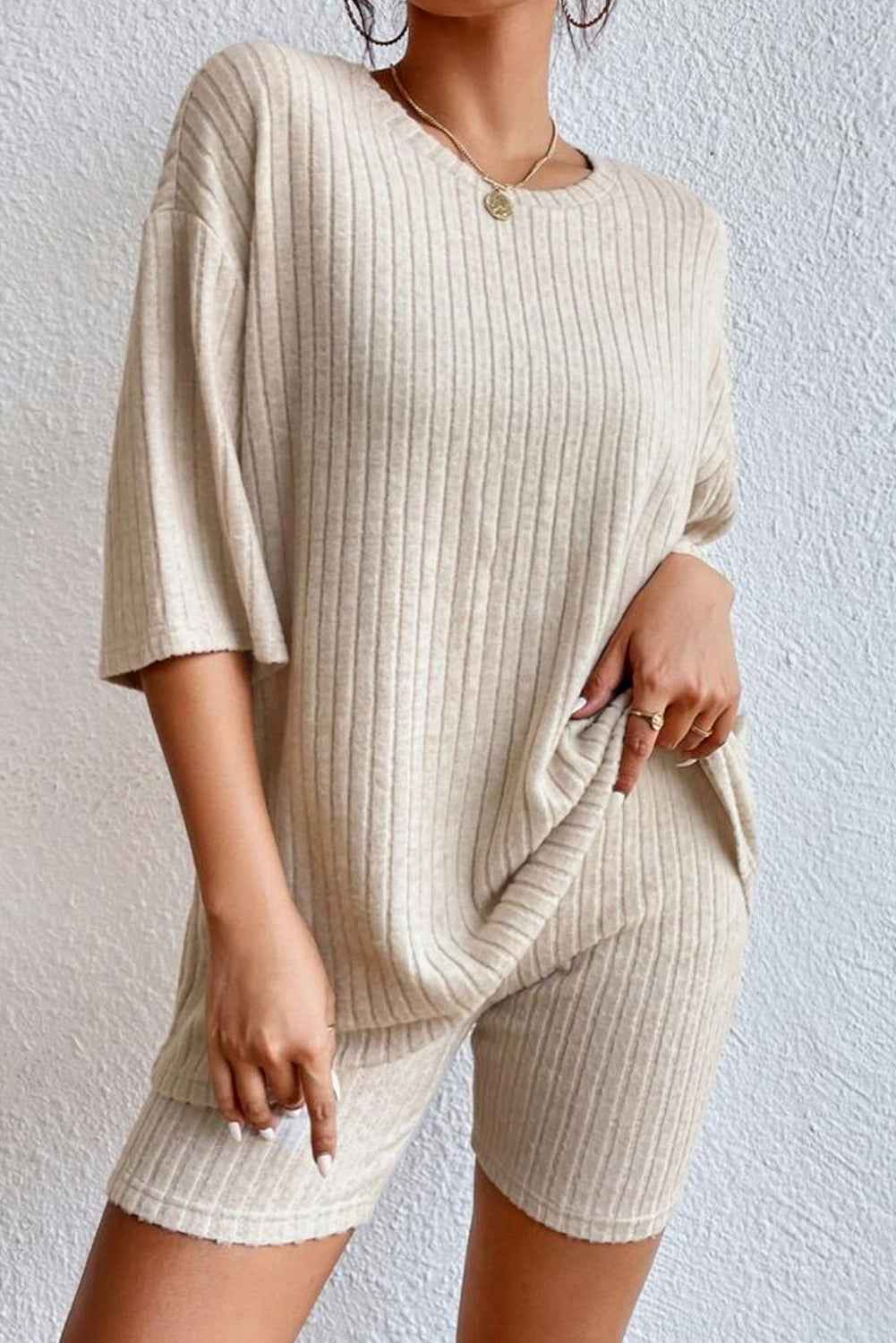 Ribbed Round Neck Top & Shorts Lounge Set.