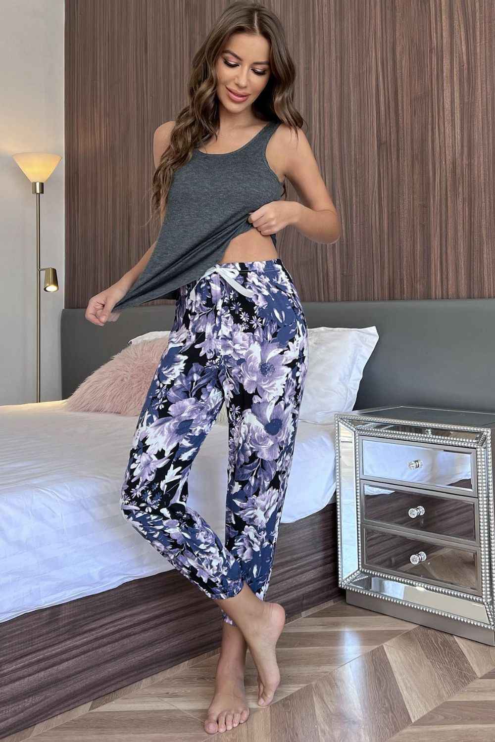 Scoop Neck Tank and Floral Cropped Pants Lounge Set.