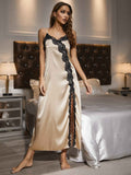 Contrast Lace Trim Spaghetti Strap Split Night Gown.