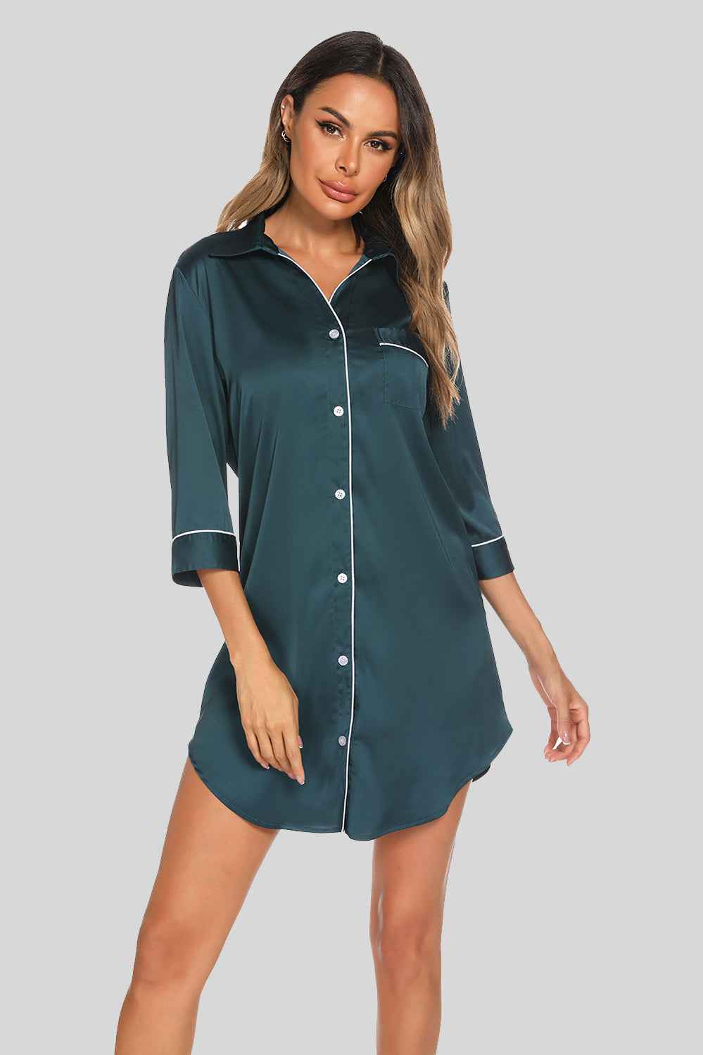 Button Up Collared Neck Night Dress with Pocket.