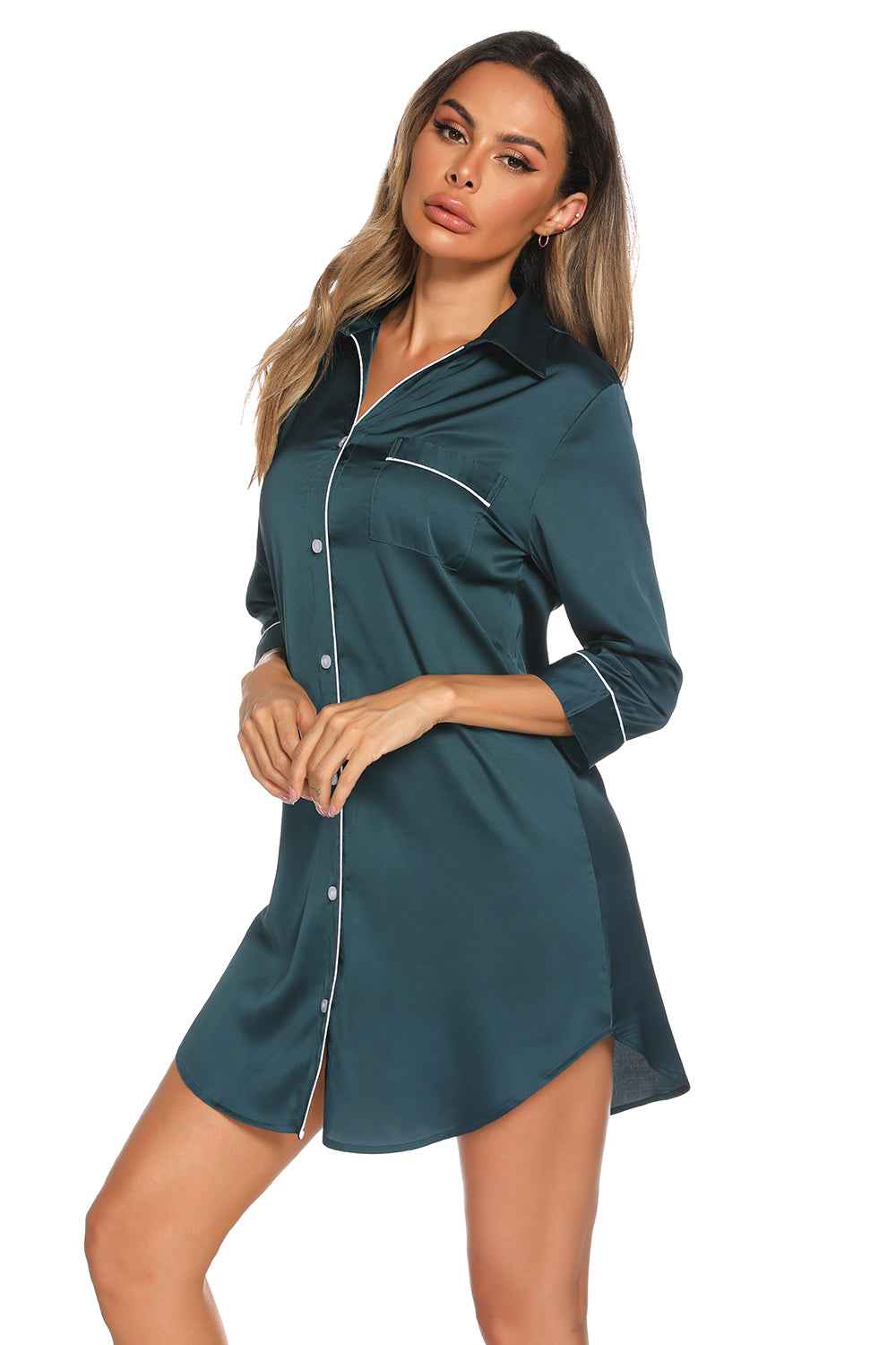 Button Up Collared Neck Night Dress with Pocket.