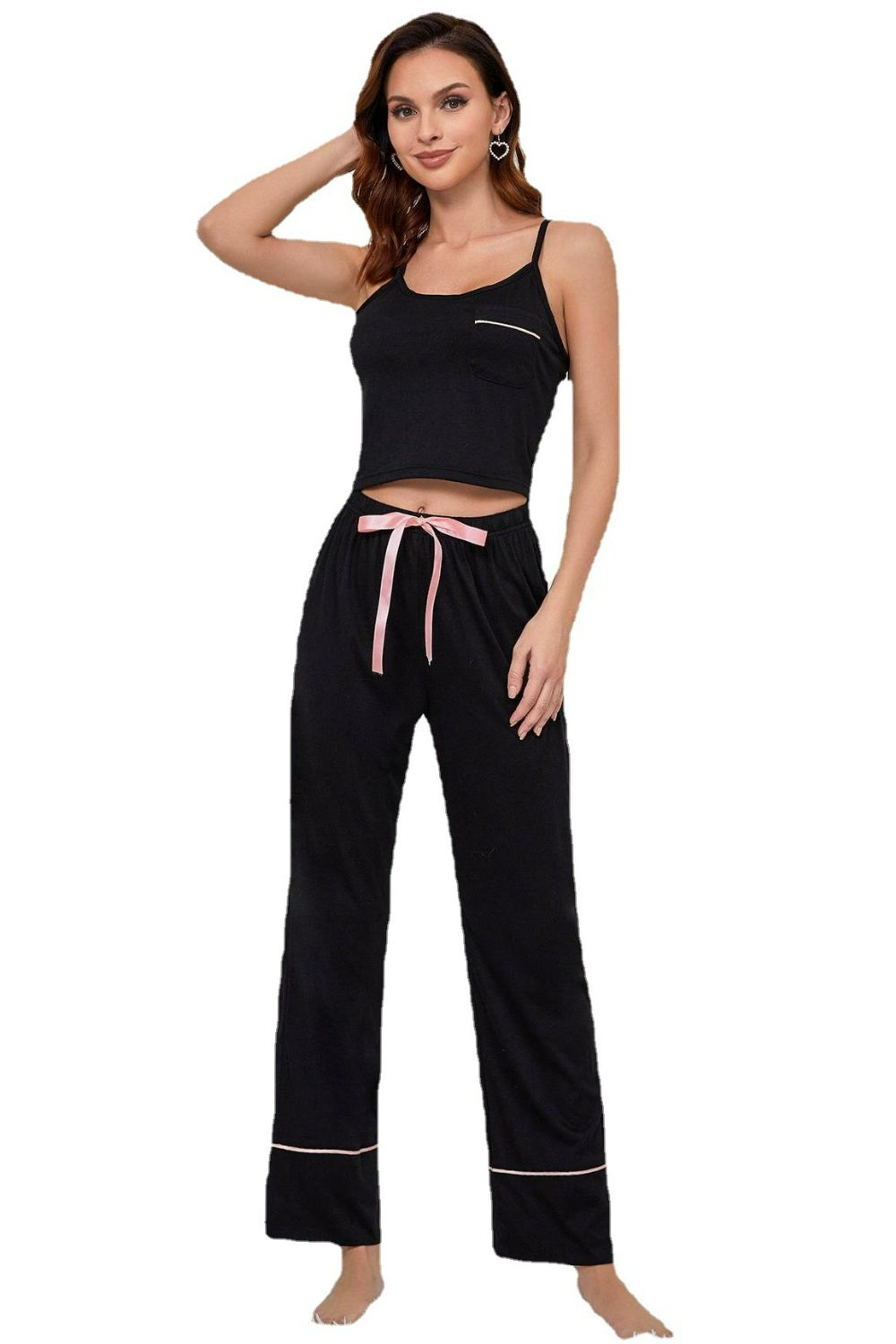 Contrast Trim Cropped Cami and Pants Loungewear Set.