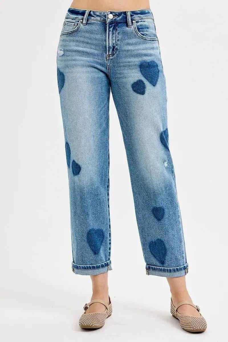 RISEN Plus Size Mid Rise Boyfriend Heart Print Jeans.