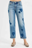 RISEN Plus Size Mid Rise Boyfriend Heart Print Jeans.
