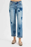 RISEN Plus Size Mid Rise Boyfriend Heart Print Jeans.