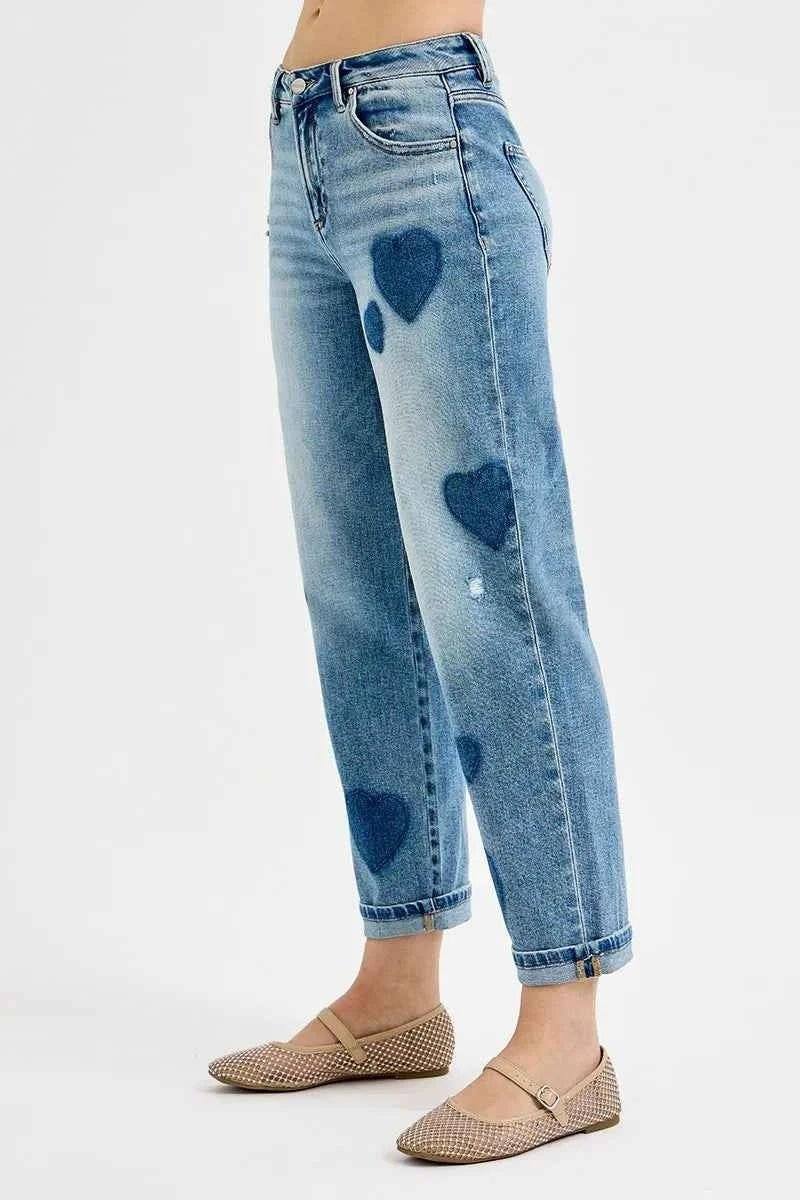 RISEN Plus Size Mid Rise Boyfriend Heart Print Jeans.