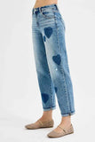 RISEN Plus Size Mid Rise Boyfriend Heart Print Jeans.